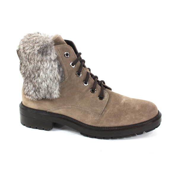 Aquatalia Lacy Suede Combat Boots Rabbit Fur Trim Lace Tie Tan Grey Size 8 - Picture 1 of 7